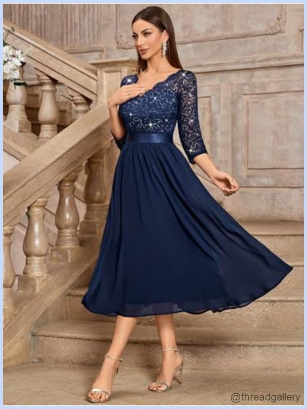 V-Neck Sequin Lace 3/4 Sleeve Chiffon A-Line Bridesmaid Party Dress - Picture 4 of 6